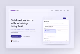 Define fields, validation, uploads and multi-step flows in one Laravel form class, and show the form with one component.