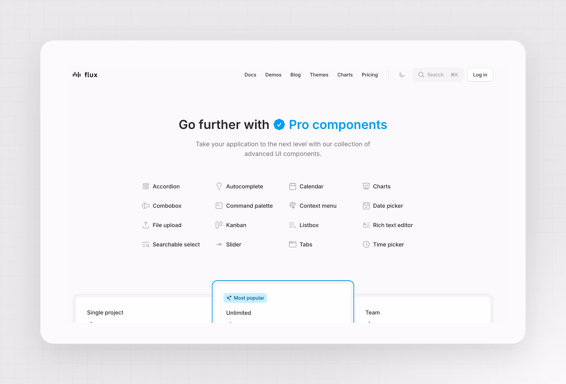 Flux Pro adds components such as date pickers, a rich text editor, charts, Kanban and a command palette.