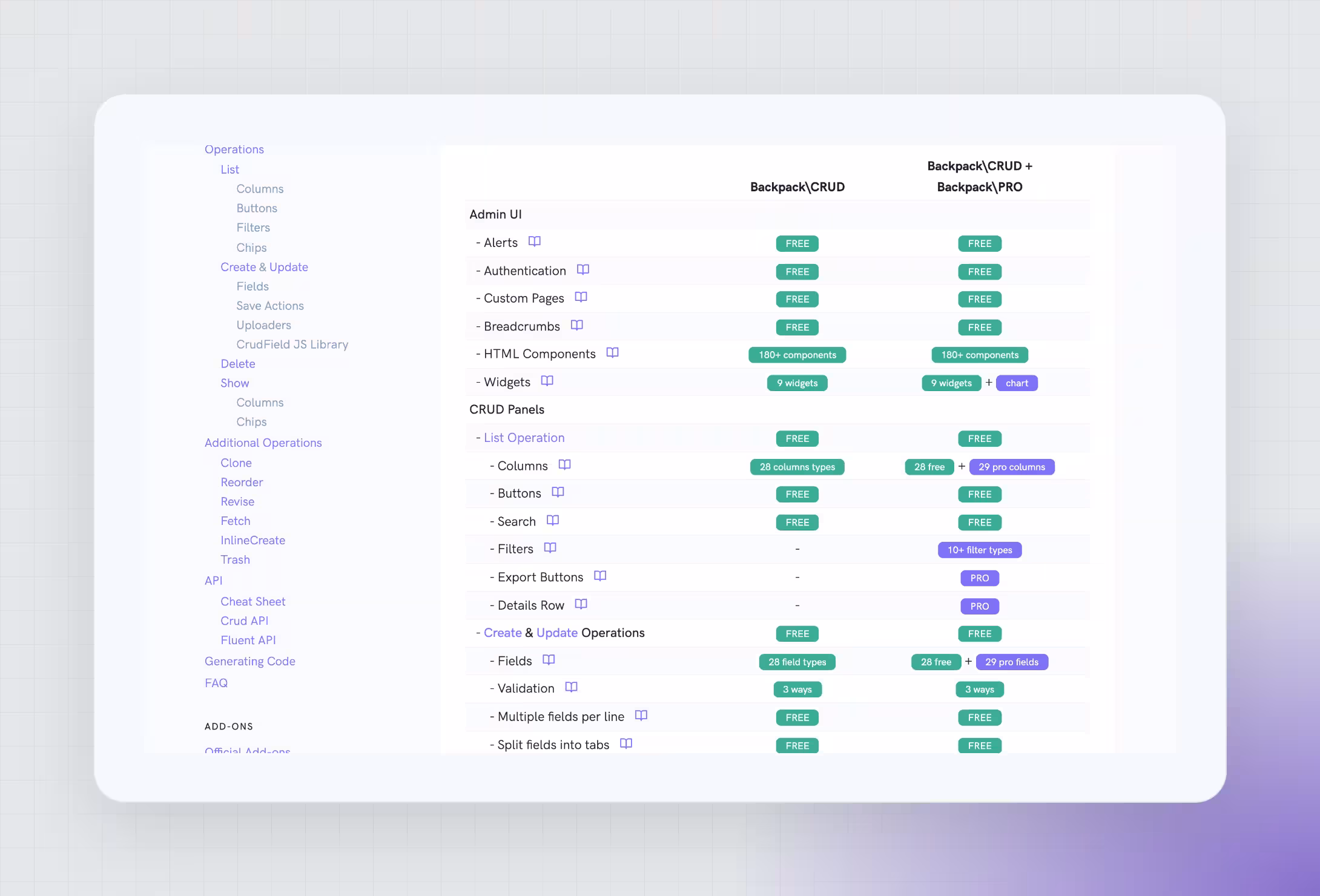 Backpack PRO, included in Silver and Gold, adds more field and column types, filters, export buttons and extra operations.