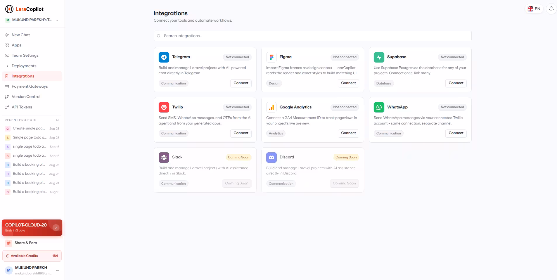 Integrations screen (Slack and Discord marked Coming Soon)